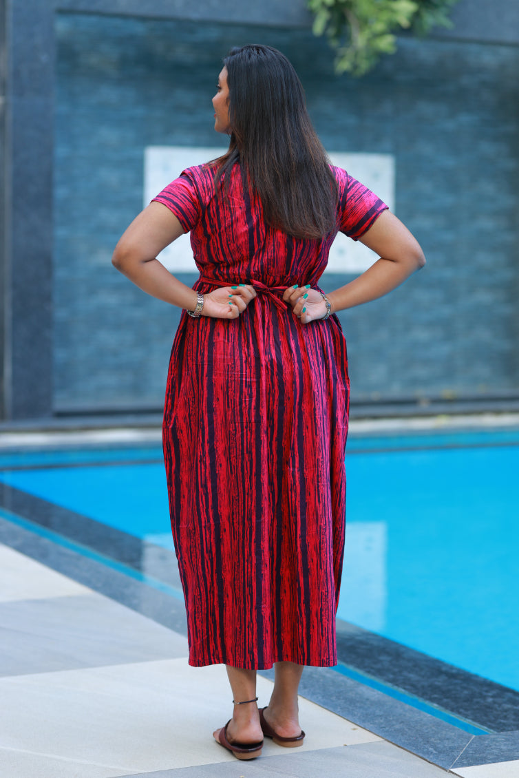 Dark Pink with Black stripes design center zip Frock