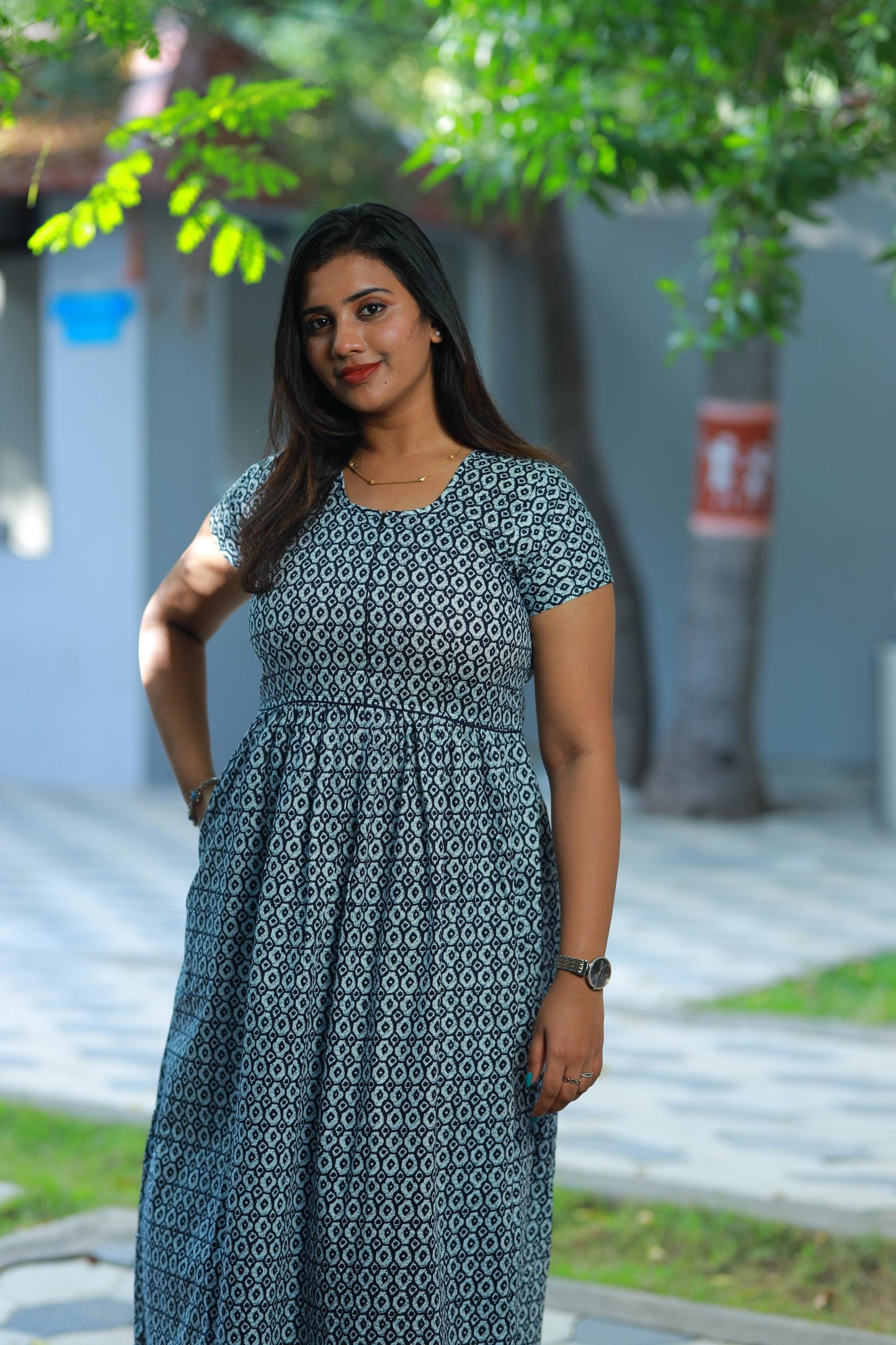 SUPER -Navy Blue With White  Digital print Frock Type Maxi  center zip