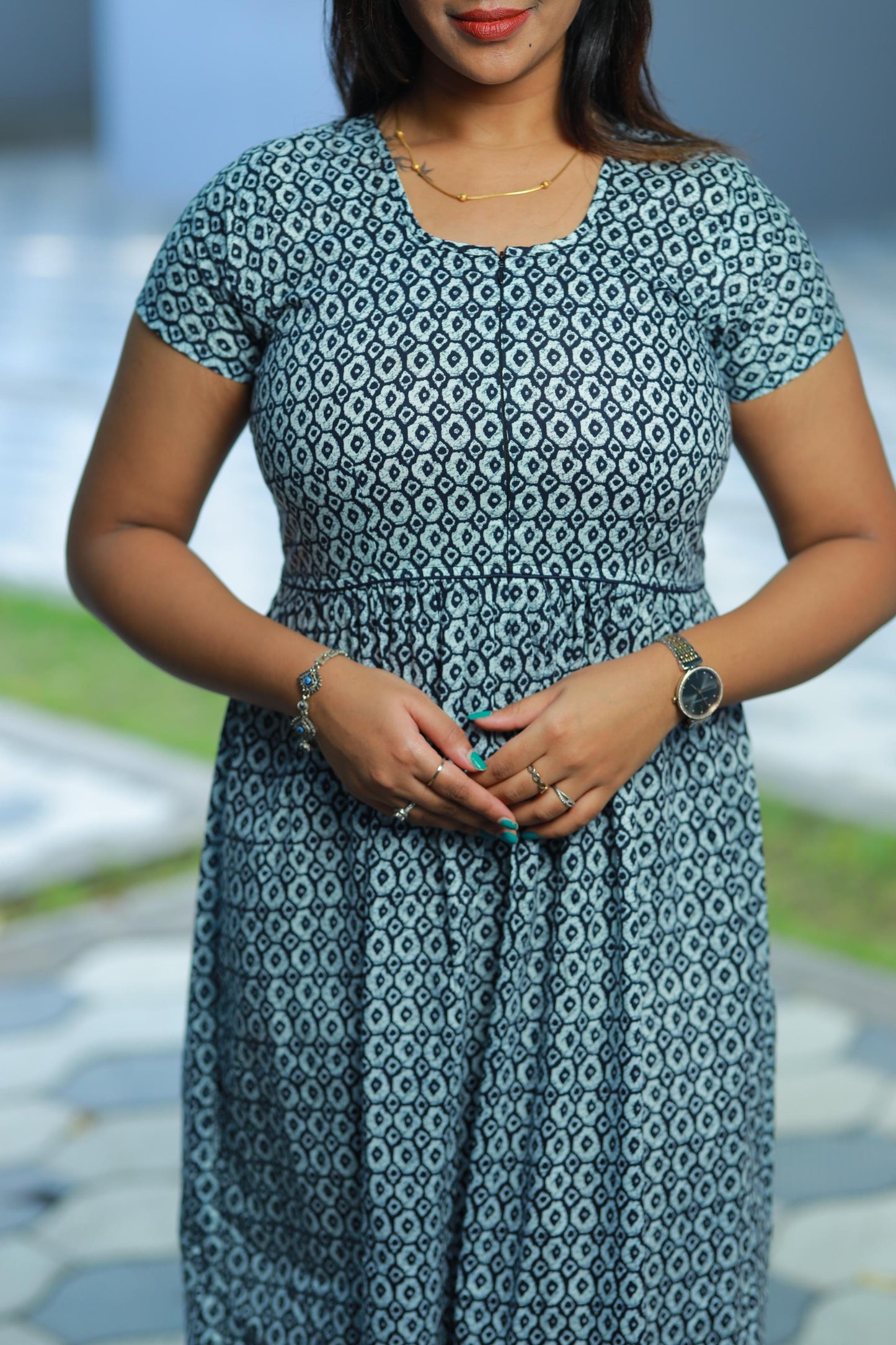 SUPER -Navy Blue With White  Digital print Frock Type Maxi  center zip