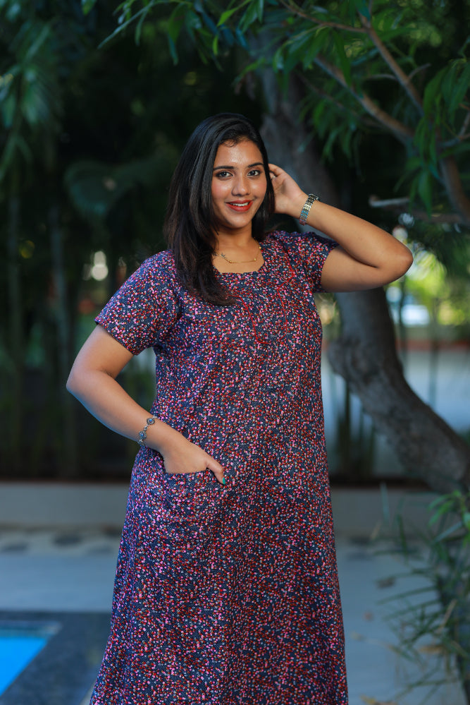 Navy Blue Floral Jaipur Print Piping Zip Nighty