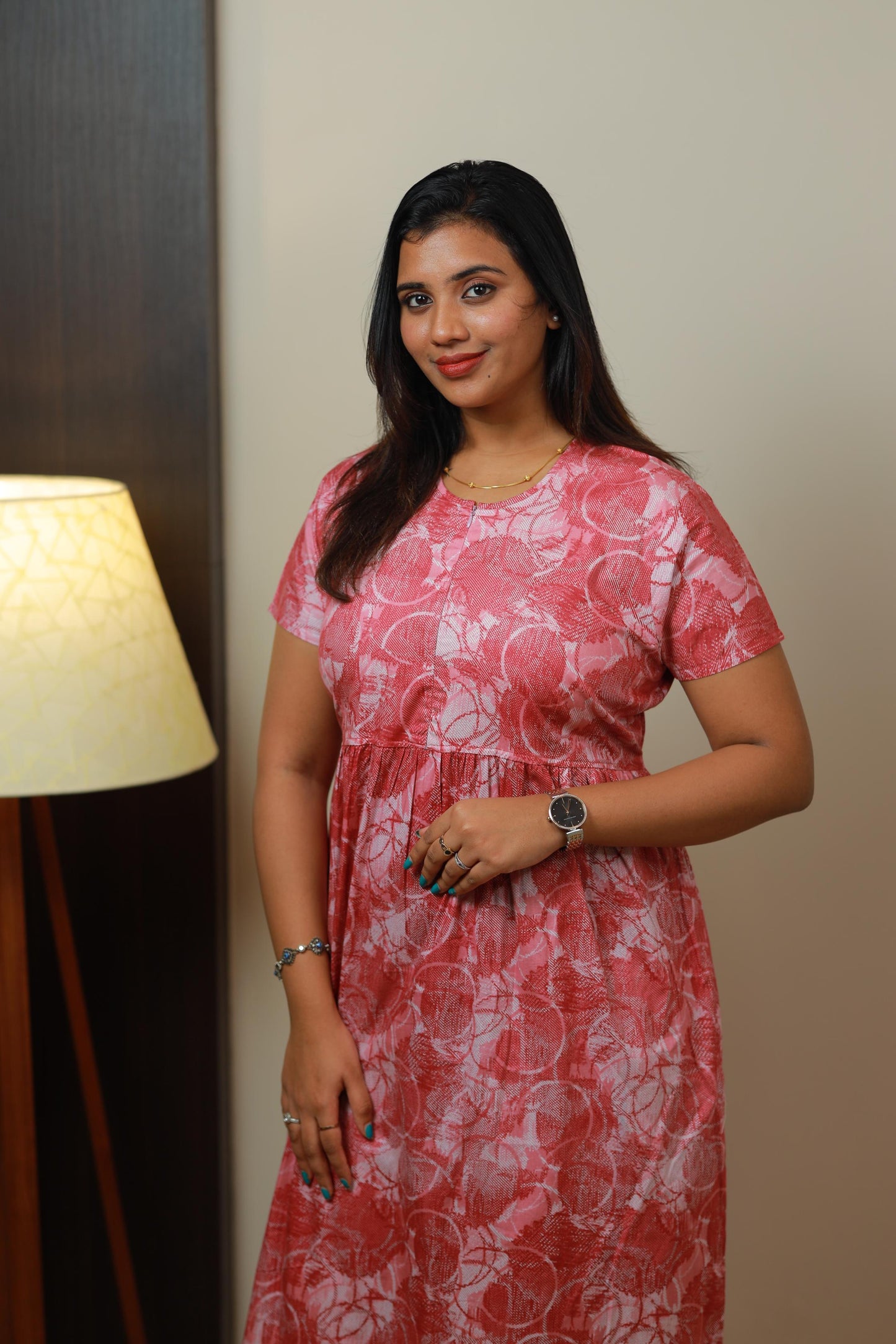 Pink With White digital print center zip Frock