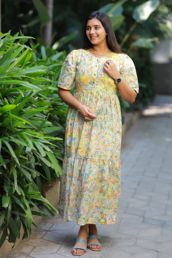 Pure cotton Hand Dyed multi color Batik double layer frock with Center  button