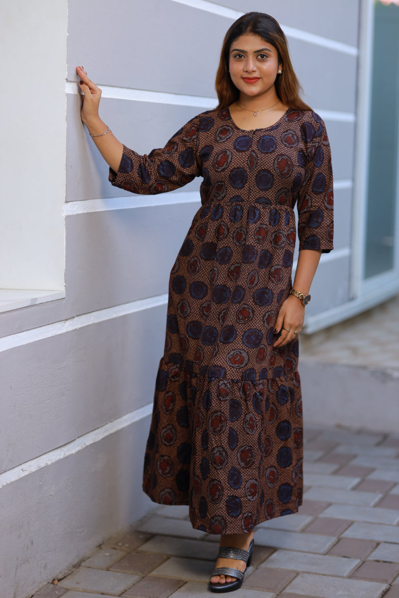 Dark Meroon with Sandal Floral Jaipur cotton 3/4th Sleeve With Center zip Frock