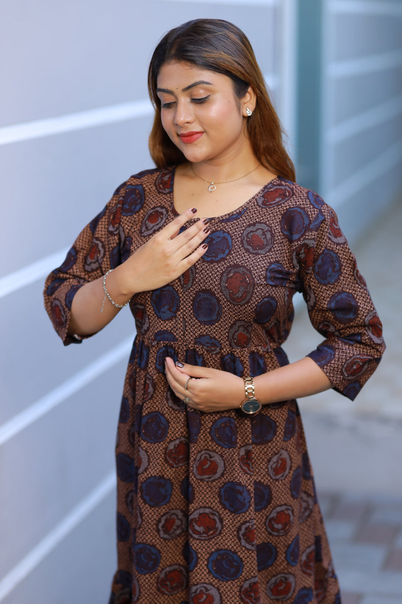 Dark Meroon with Sandal Floral Jaipur cotton 3/4th Sleeve With Center zip Frock