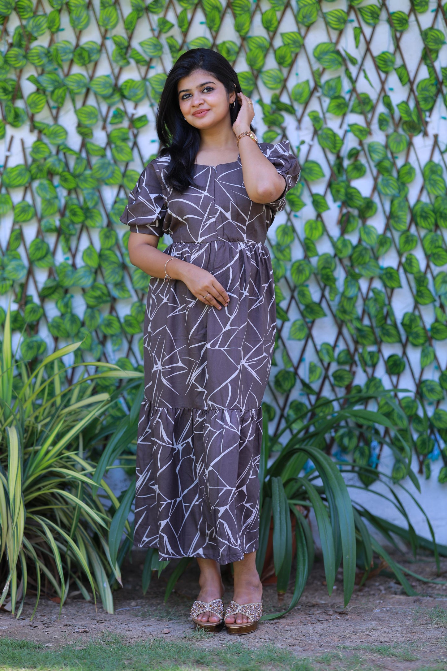 Dark Gray with White Pattern  Double Layer Alphine design Center zip Frock