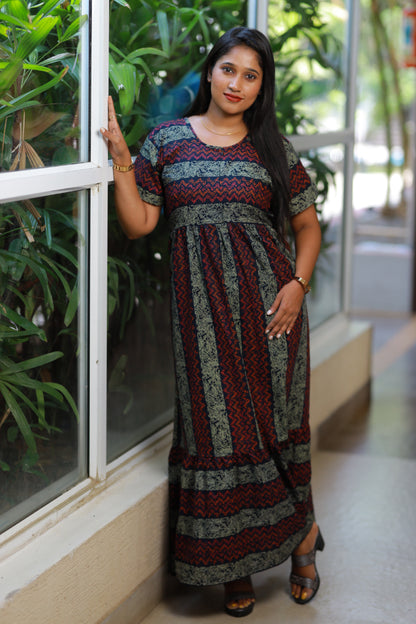 Navy with Red Floral Jaipur cotton With Center zip Frock