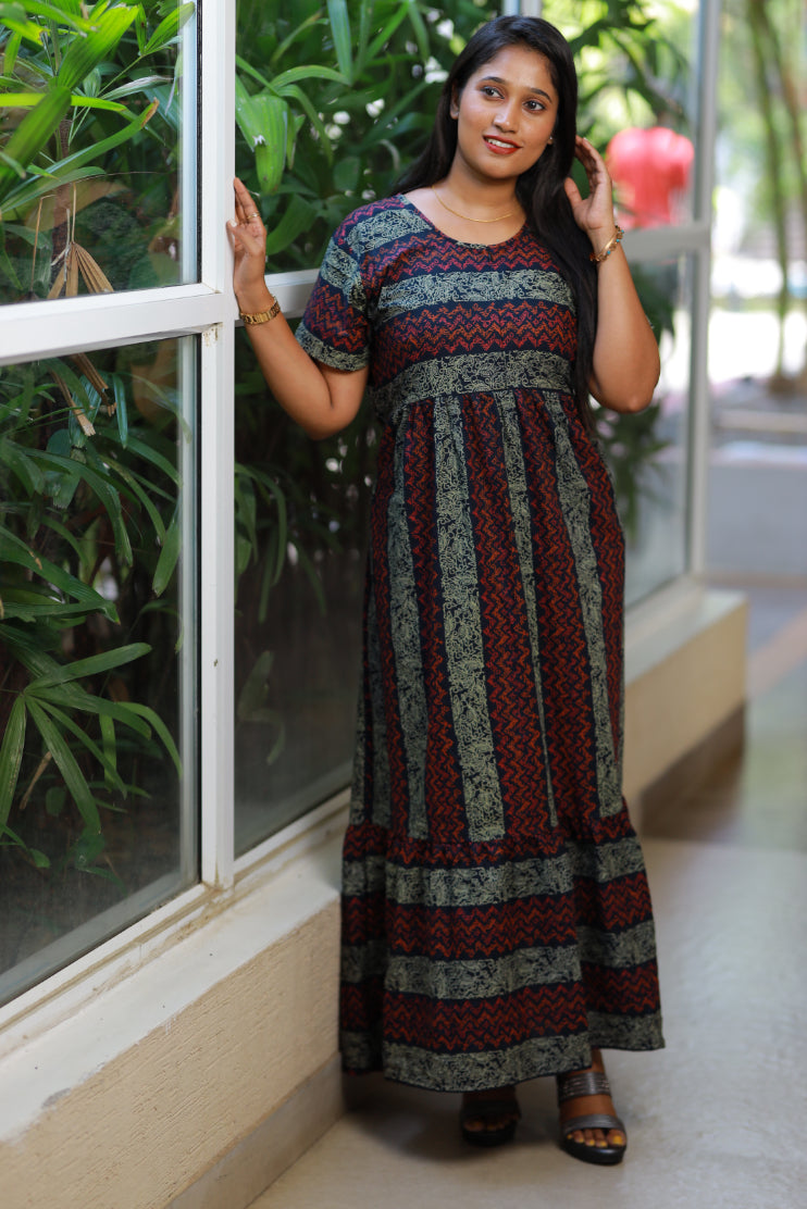 Navy with Red Floral Jaipur cotton With Center zip Frock