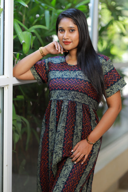 Navy with Red Floral Jaipur cotton With Center zip Frock