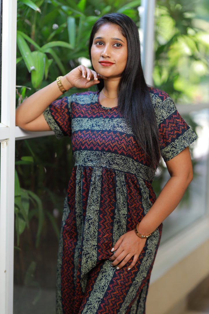 Navy with Red Floral Jaipur cotton With Center zip Frock