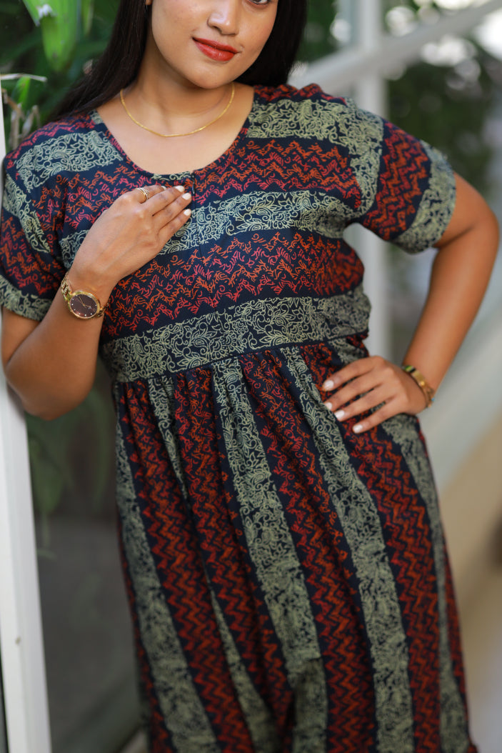 Navy with Red Floral Jaipur cotton With Center zip Frock