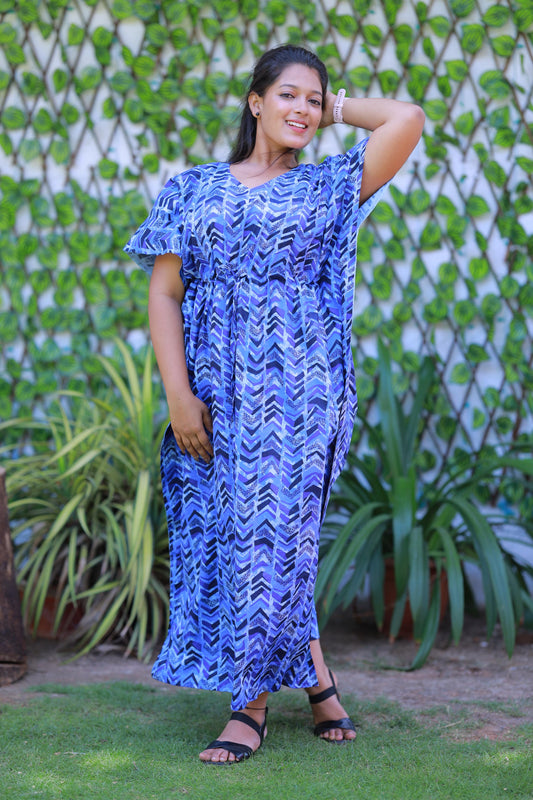 Light Blue With Black Pure cotton kaftan with feeding side zip