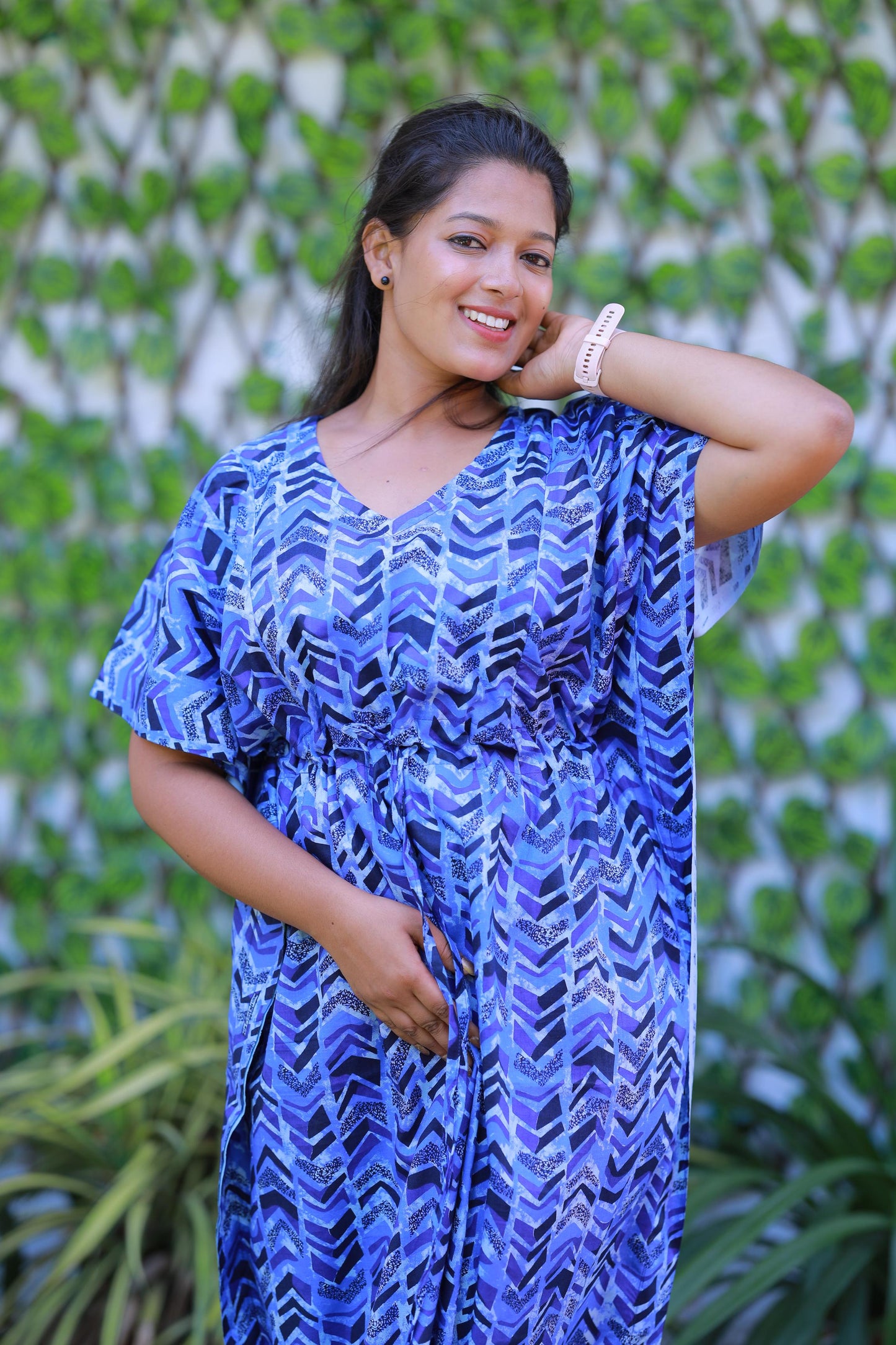 Light Blue With Black Pure cotton kaftan with feeding side zip