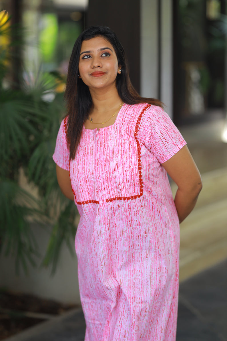 Pink with White Piping zip Height-60" Nighty