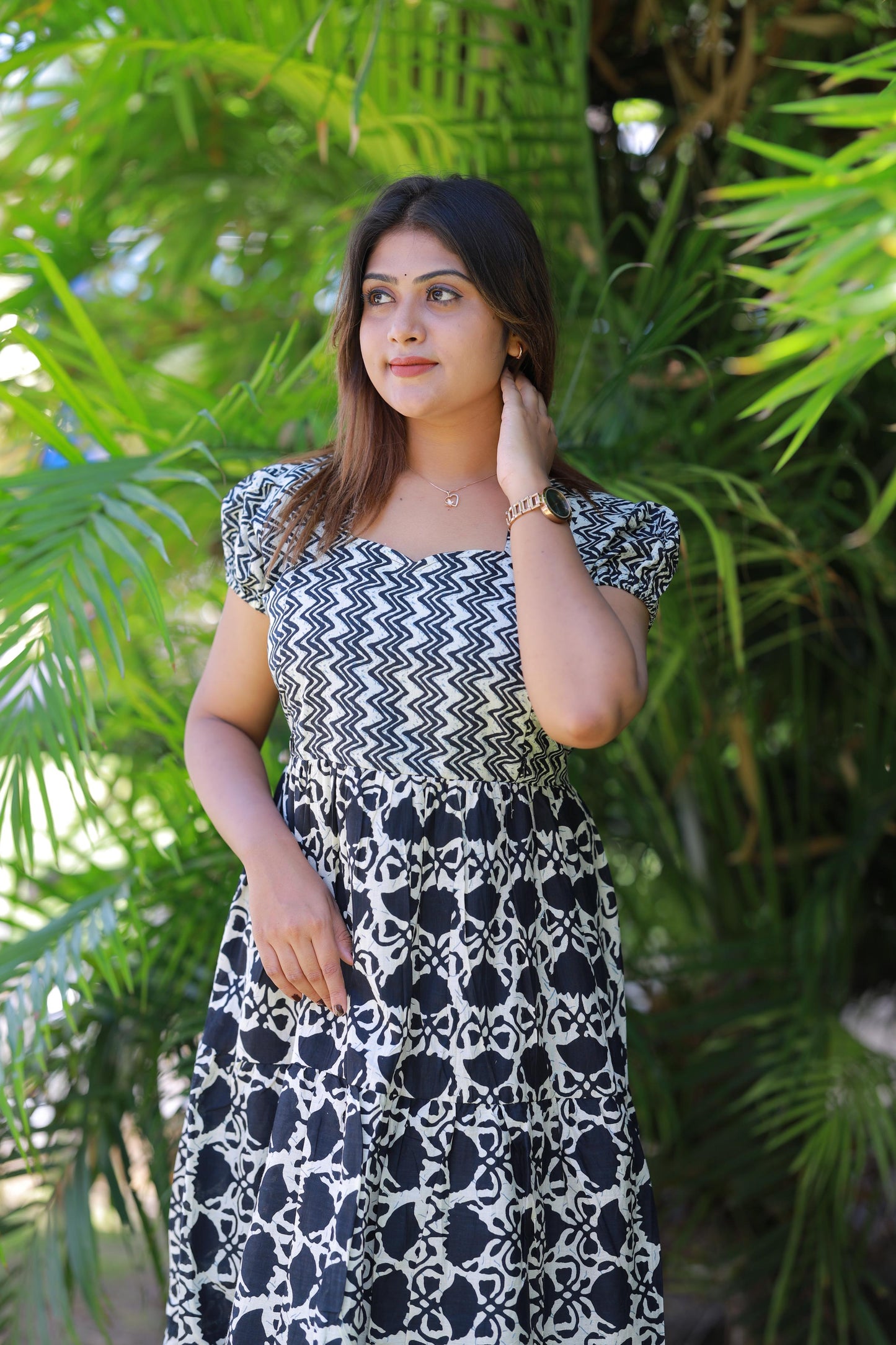 Black With White zigzag and Flower Design Pure cotton 3 Layer frock with Side zip