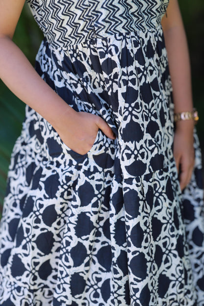 Black With White zigzag and Flower Design Pure cotton 3 Layer frock with Side zip
