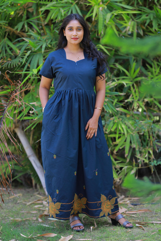 Drak navy blue with Yellow Embroidery desinge center zip Frock