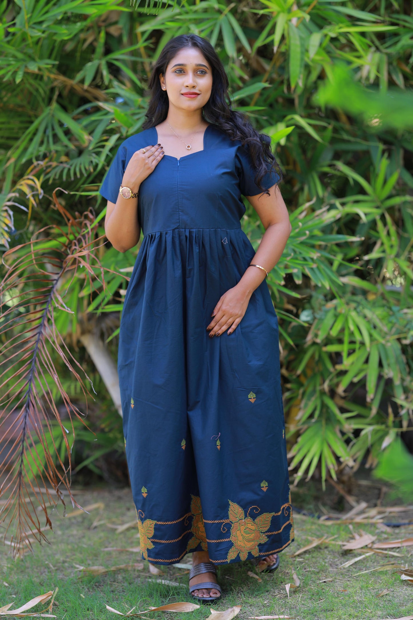 Drak navy blue with Yellow Embroidery desinge center zip Frock