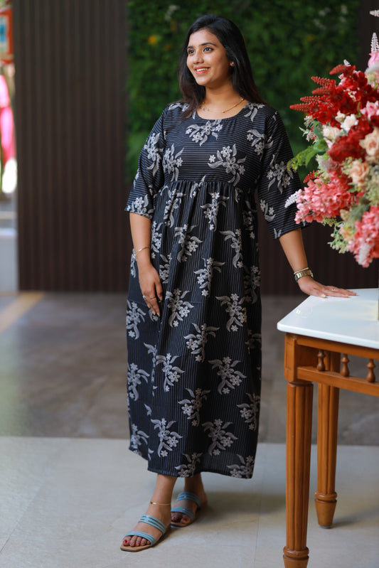 Alphine Black floral design center zip frock