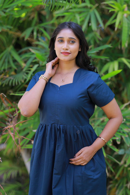 Drak navy blue with Yellow Embroidery desinge center zip Frock