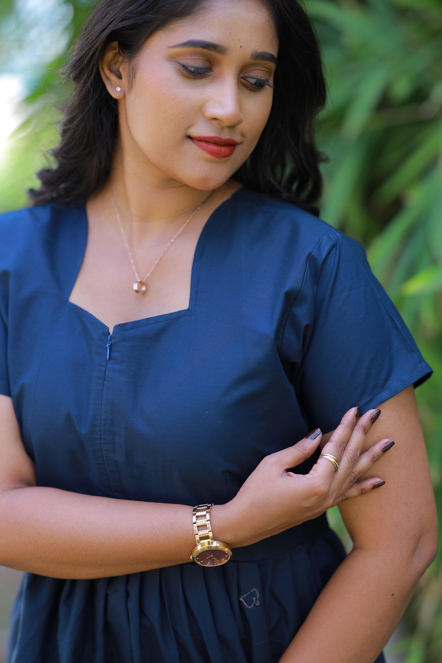 Drak navy blue with Yellow Embroidery desinge center zip Frock