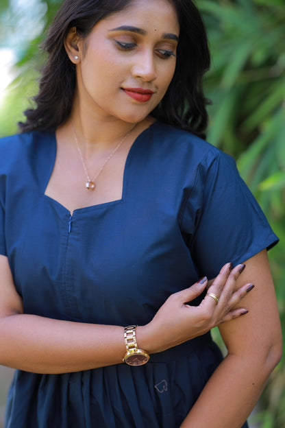 Drak navy blue with Yellow Embroidery desinge center zip Frock