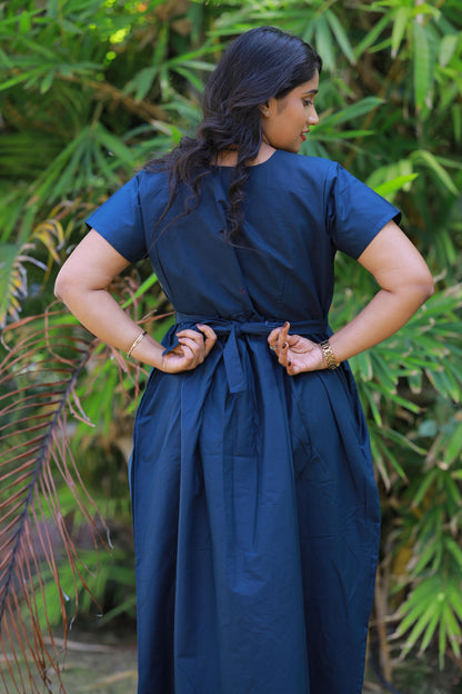 Drak navy blue with Yellow Embroidery desinge center zip Frock