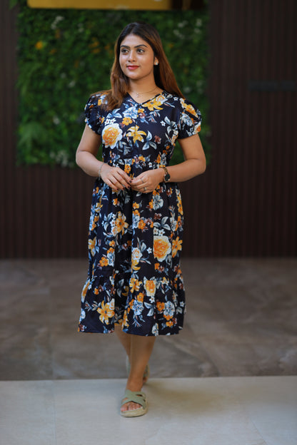 Black eith Yellow Midi Length center zip frock