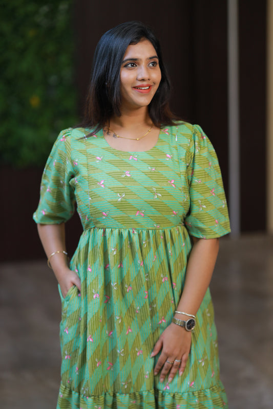 Green Digital print double layer frock with side vertical zip (maternity series)