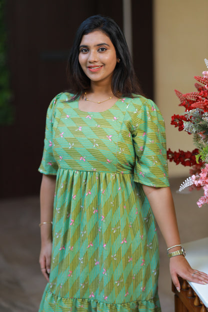 Green Digital print double layer frock with side vertical zip (maternity series)