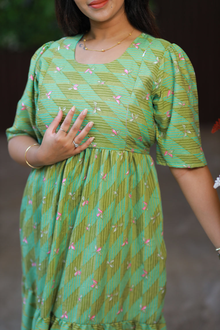 Green Digital print double layer frock with side vertical zip (maternity series)