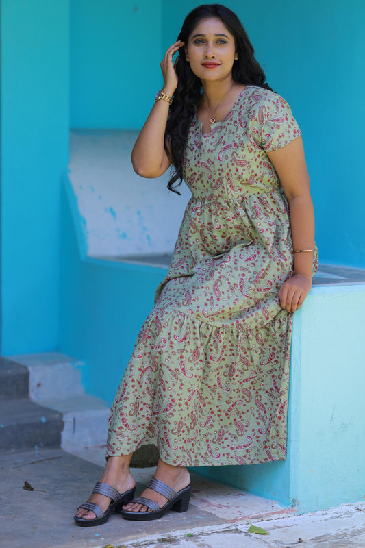 Light Green with Kalamkari Flower Double Layer Alphine design Side zip Frock