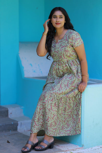 Light Green with Kalamkari Flower Double Layer Alphine design Side zip Frock