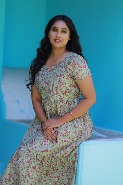 Light Green with Kalamkari Flower Double Layer Alphine design Side zip Frock