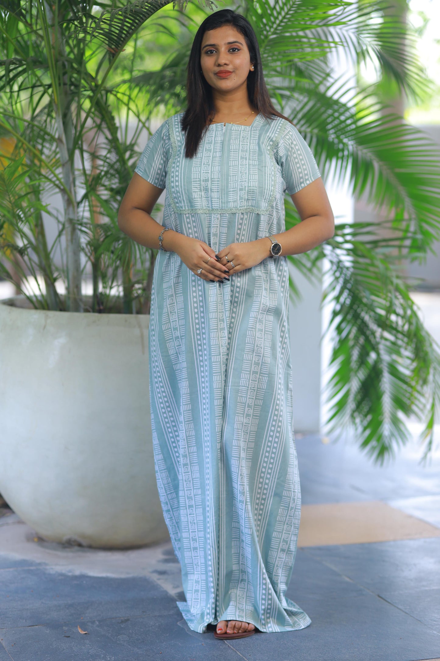 Light Green with White Stripes Piping zip Height-60" Nighty