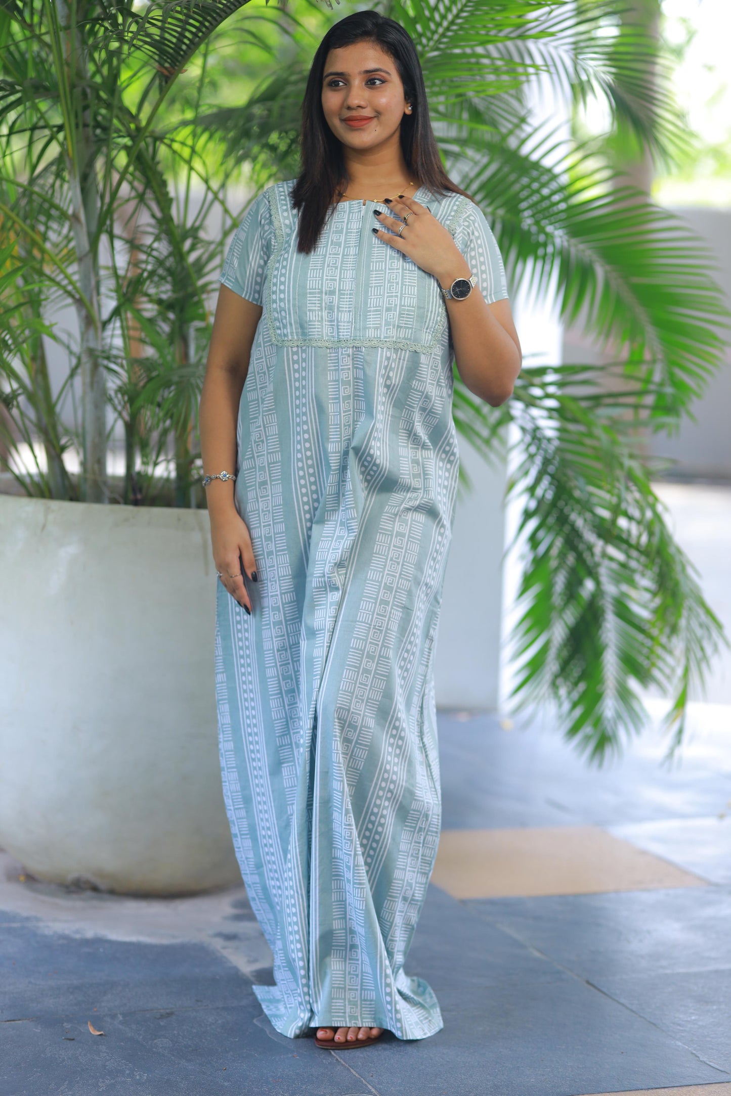 Light Green with White Stripes Piping zip Height-60" Nighty