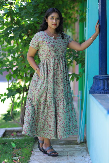 Light Green with Kalamkari Flower Double Layer Alphine design Side zip Frock