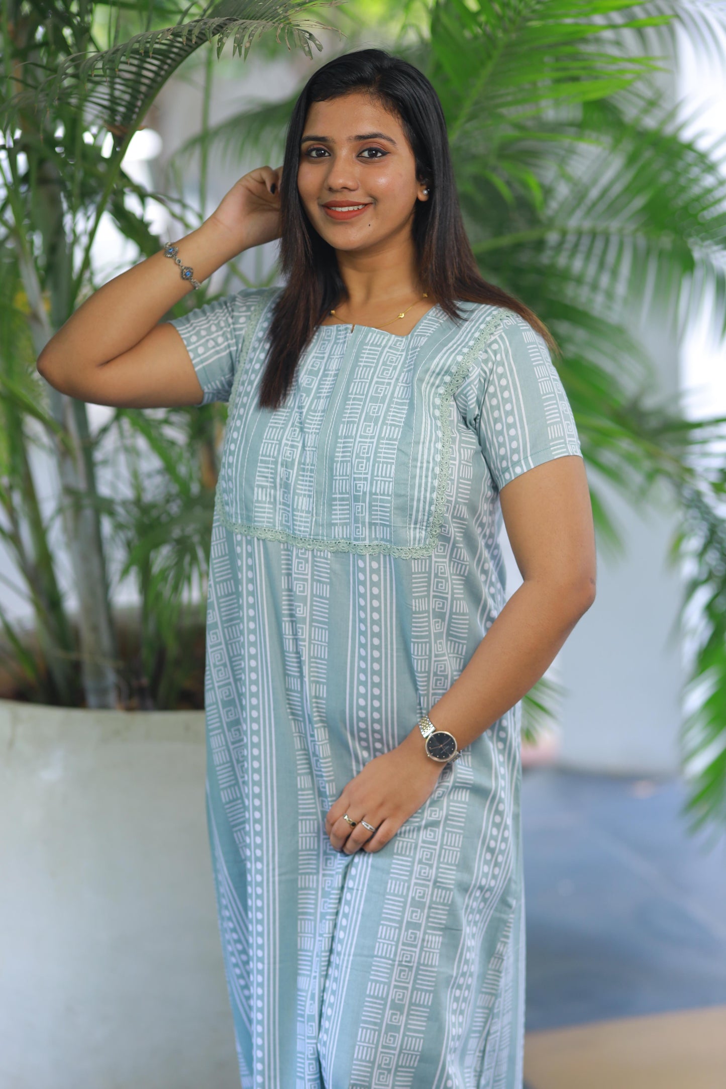 Light Green with White Stripes Piping zip Height-60" Nighty
