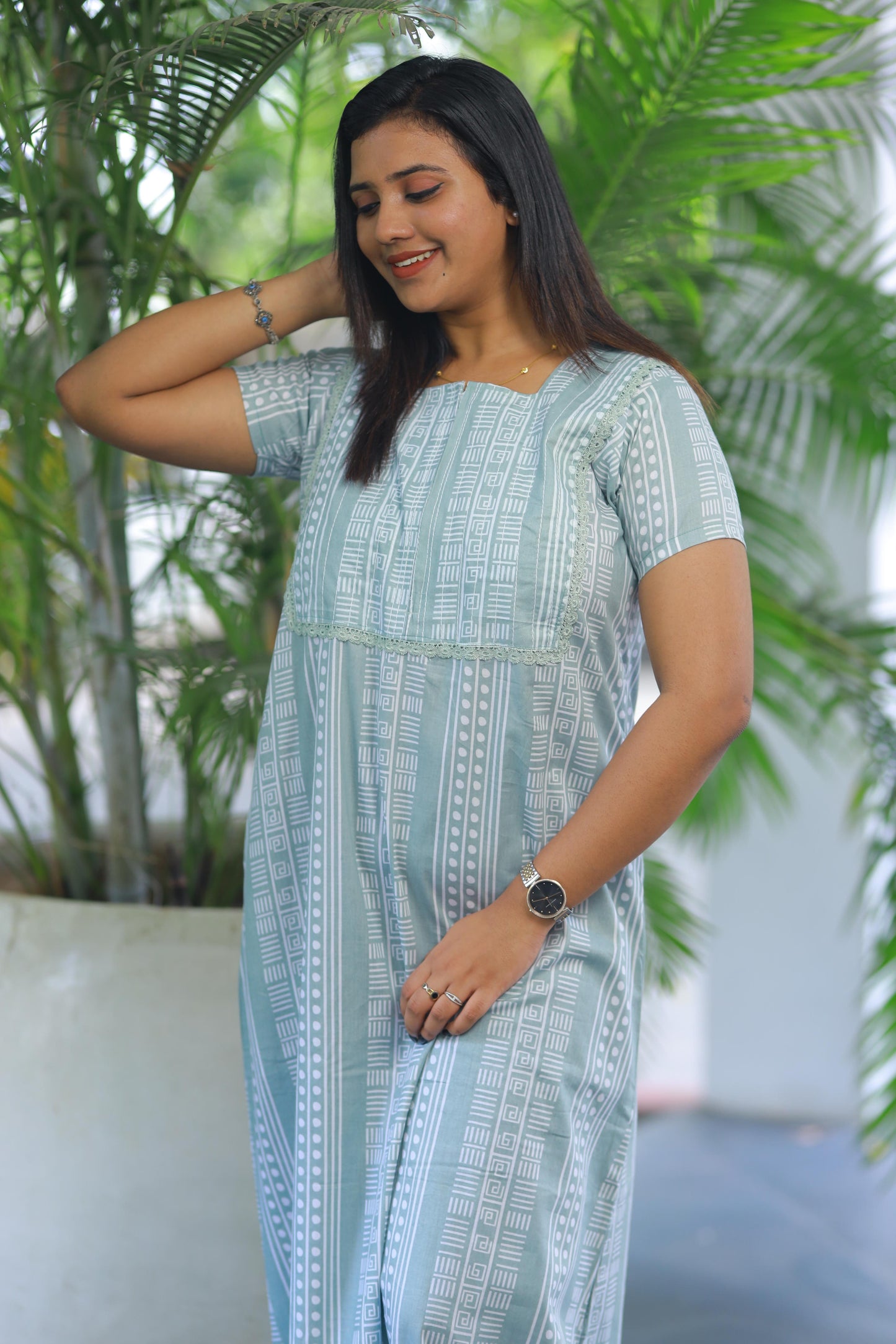 Light Green with White Stripes Piping zip Height-60" Nighty