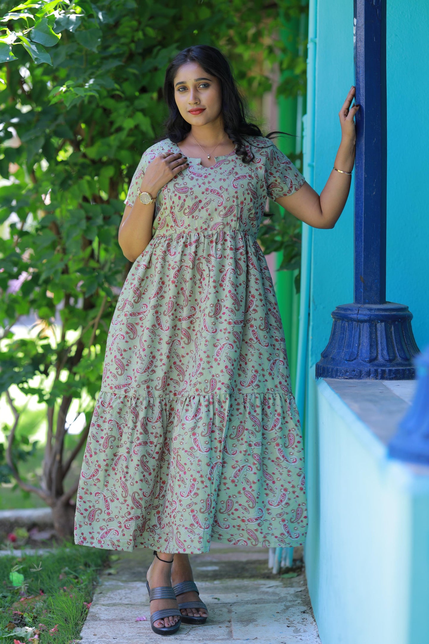 Light Green with Kalamkari Flower Double Layer Alphine design Side zip Frock