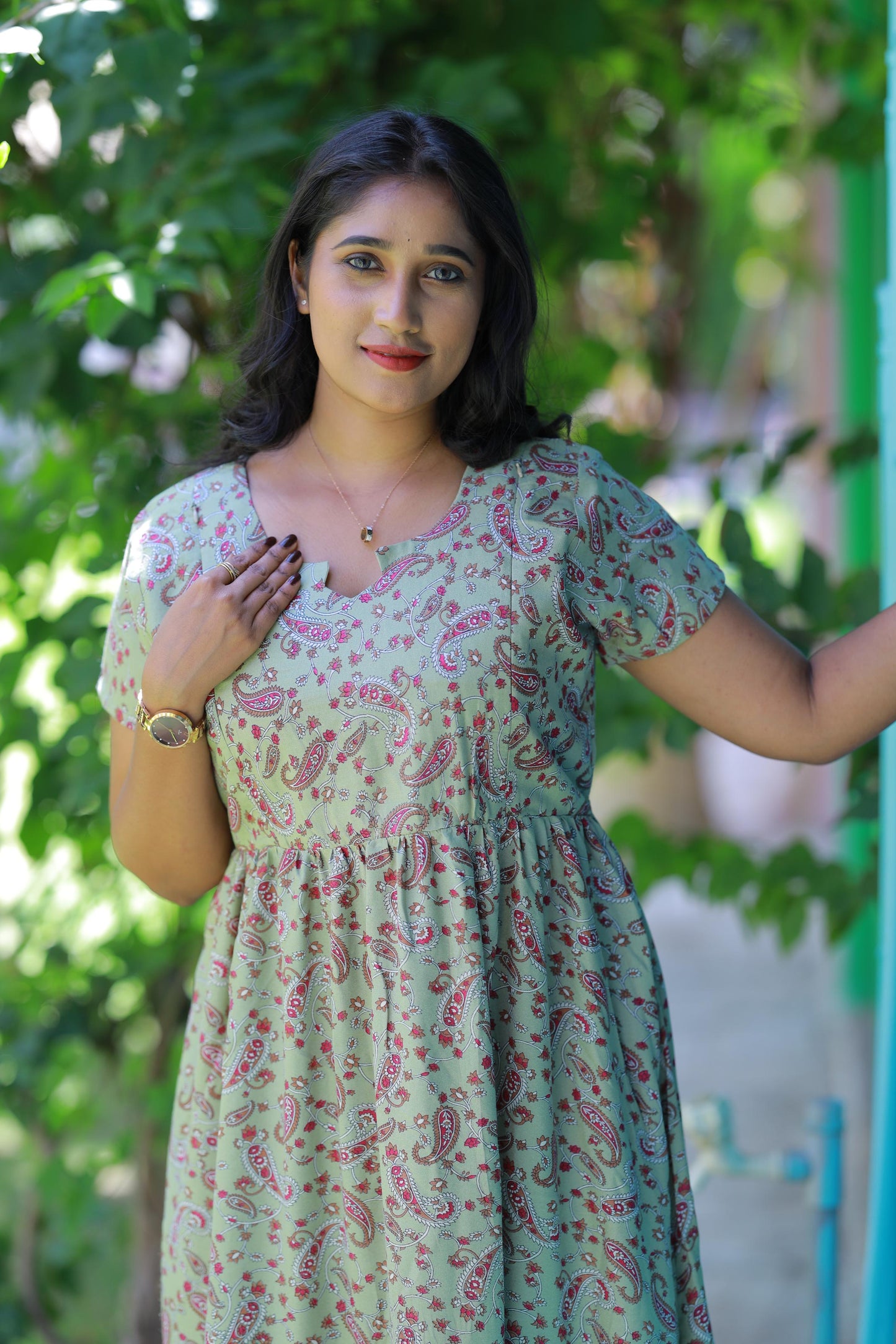 Light Green with Kalamkari Flower Double Layer Alphine design Side zip Frock