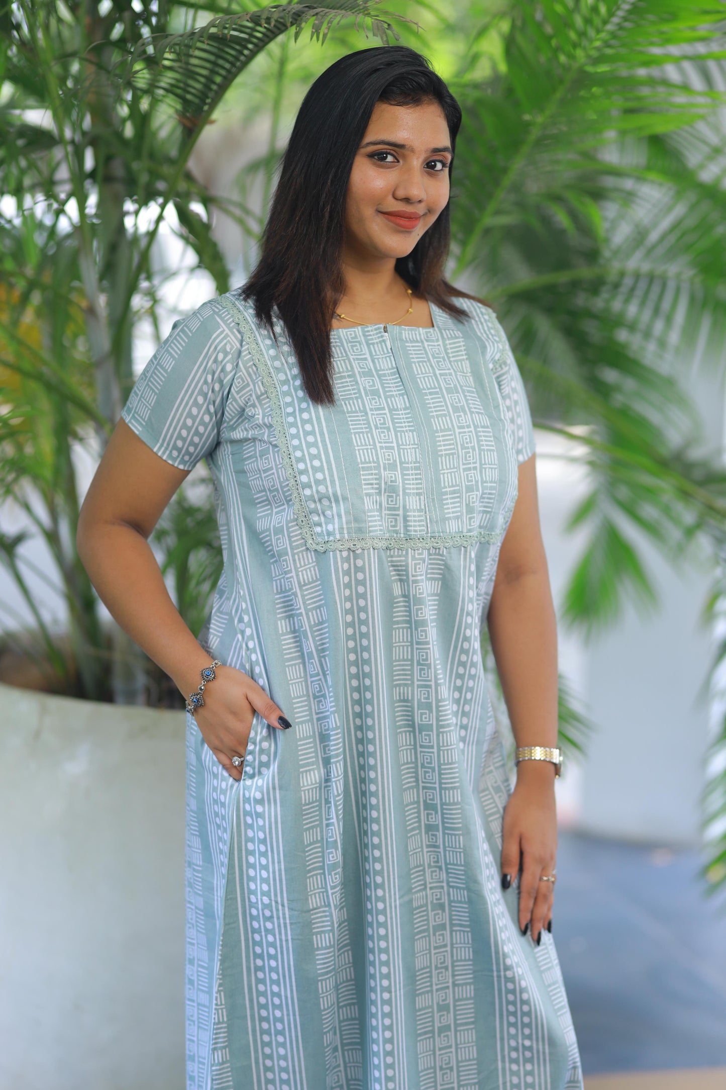 Light Green with White Stripes Piping zip Height-60" Nighty
