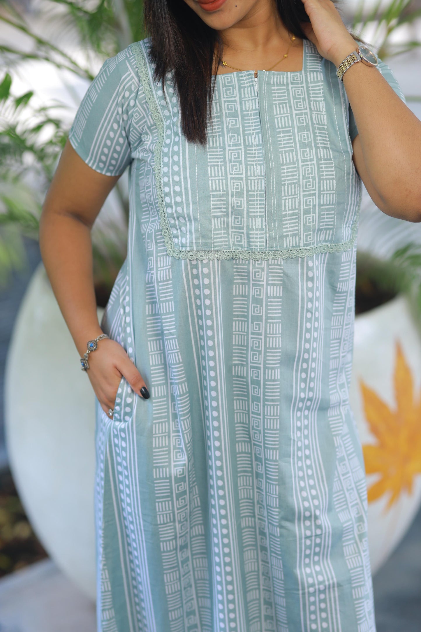 Light Green with White Stripes Piping zip Height-60" Nighty