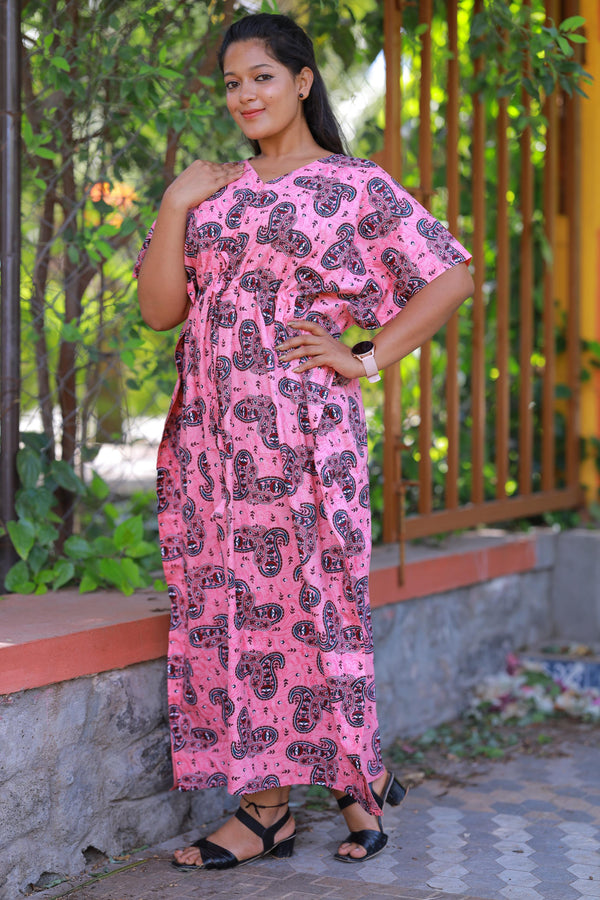 Light Pink With Dark Green Kalamkari  Flower casual cotton kaftan with center zip