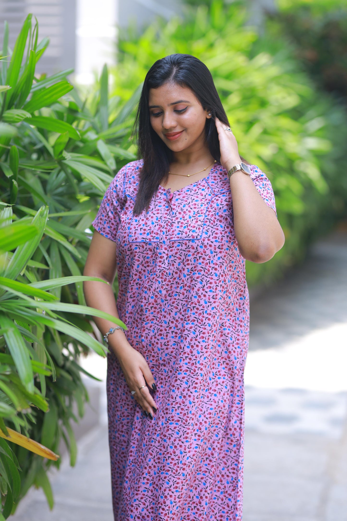 Pink floral Piping zip Height-60" Nighty