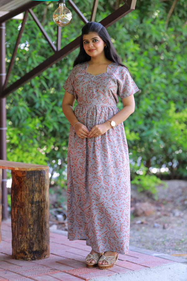 Greay with Brown and Red Floral design Alphine Center zip Frock