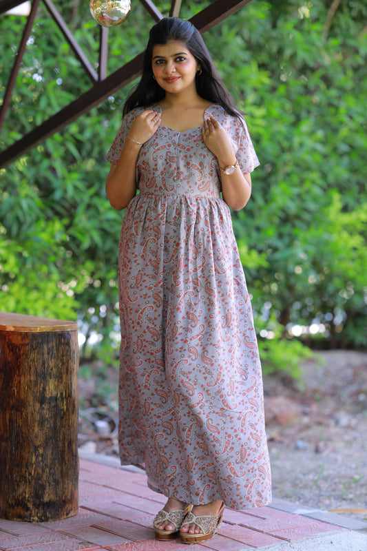 Greay with Brown and Red Floral design Alphine Center zip Frock