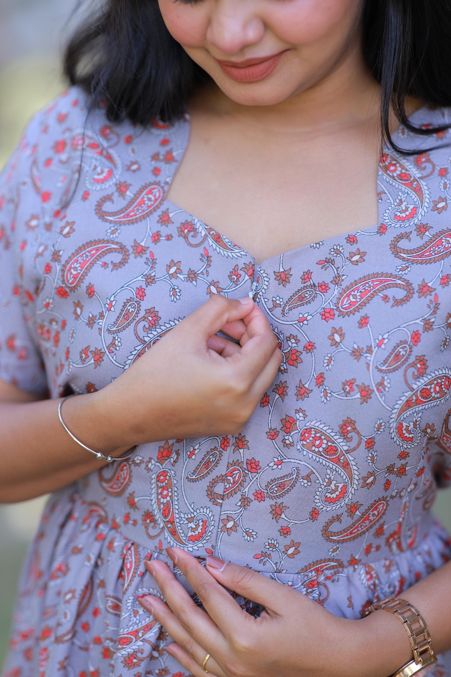 Greay with Brown and Red Floral design Alphine Center zip Frock