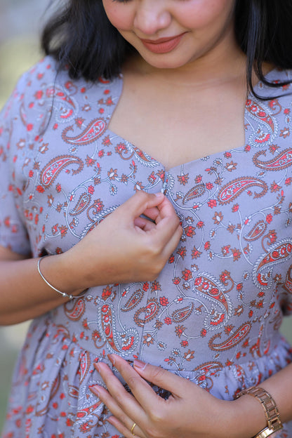 Greay with Brown and Red Floral design Alphine Center zip Frock