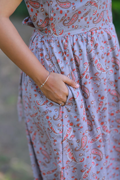 Greay with Brown and Red Floral design Alphine Center zip Frock