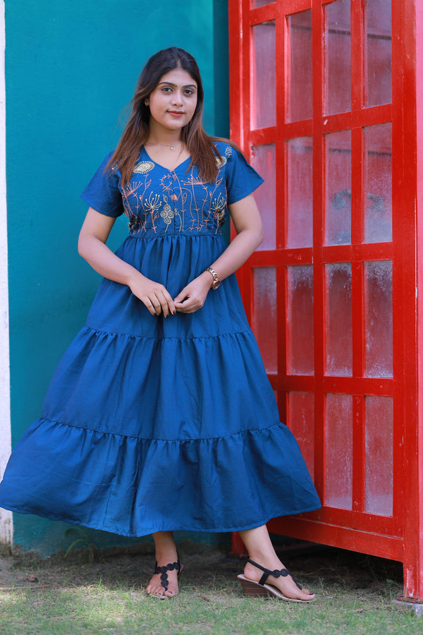 Ramar Green Cotton Blend Model Embroidery desing 3 Layer center zip Frock